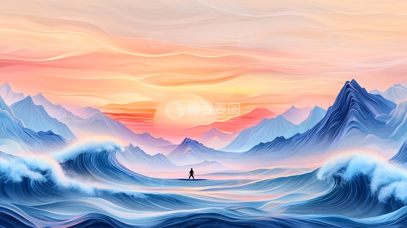 高清大图下载【趣麦麦图】波涛汹涌的海面日出景色