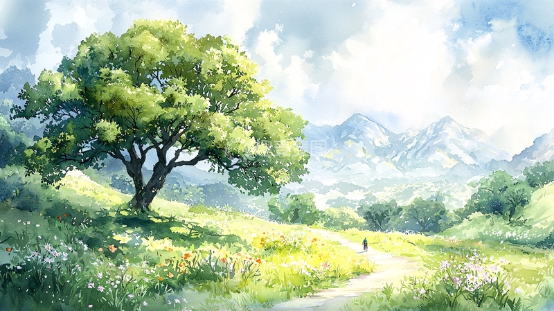 高清大图下载【趣麦麦图】绿色草地上的树木和远山