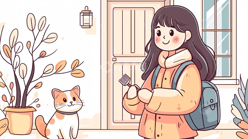 高清大图下载【趣麦麦图】卡通女孩与猫站在门口
