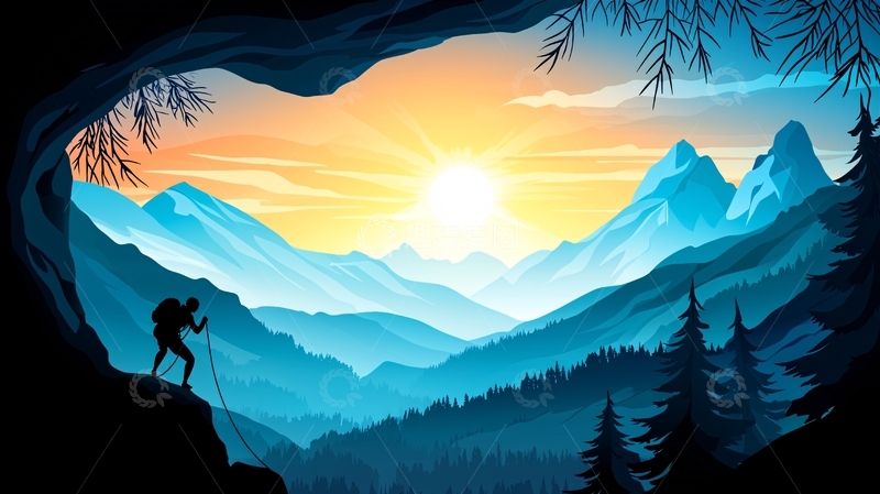 高清大图下载【趣麦麦图】山间日出旅行者剪影