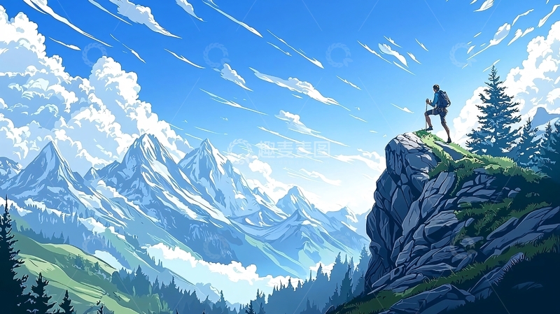 高清大图下载【趣麦麦图】登山者在山顶眺望远方