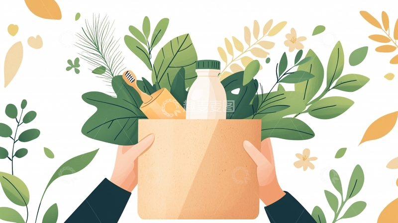 高清大图下载【趣麦麦图】双手捧着装满绿色植物和饮品的纸袋