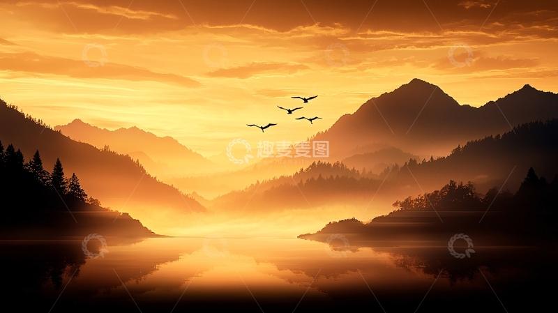 高清大图下载【趣麦麦图】日落山间湖畔鸟群飞翔