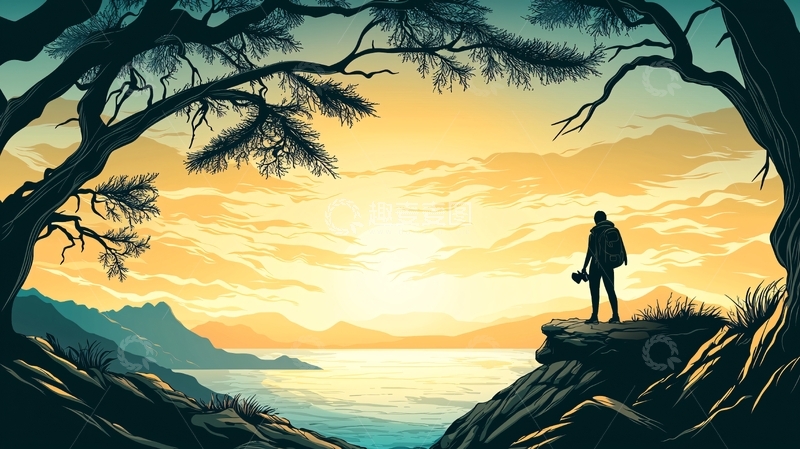 高清大图下载【趣麦麦图】站在悬崖边的人看日出