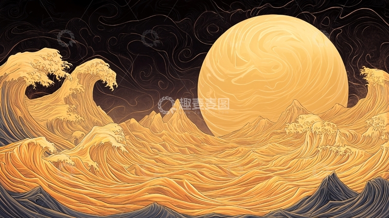 高清大图下载【趣麦麦图】金色波浪与巨月夜景