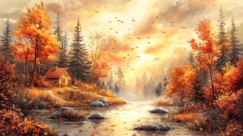 高清大图下载【趣麦麦图】秋季森林小屋溪流