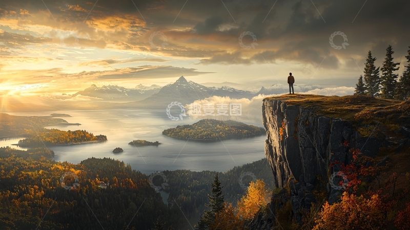 高清大图下载【趣麦麦图】孤独的身影站在悬崖边欣赏日出