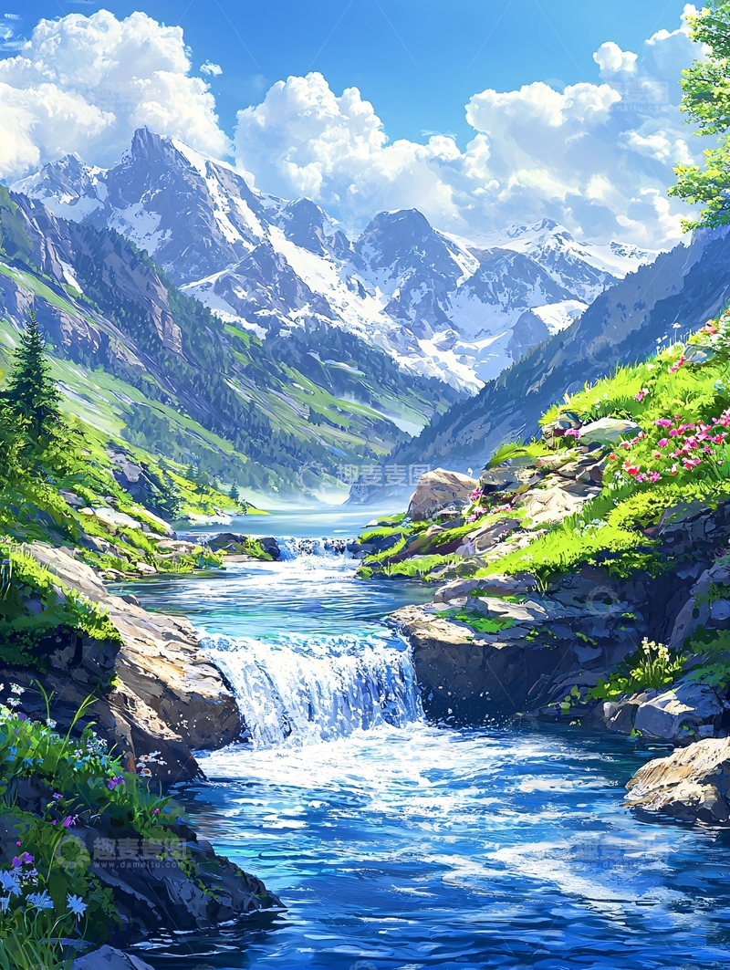 高清大图下载【趣麦麦图】山间清澈溪流的动漫美景