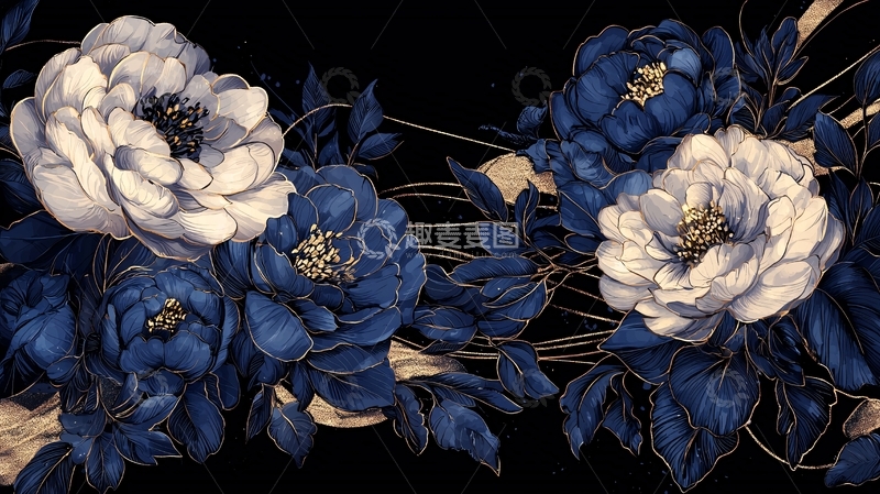 高清大图下载【趣麦麦图】深蓝花卉手绘插画背景