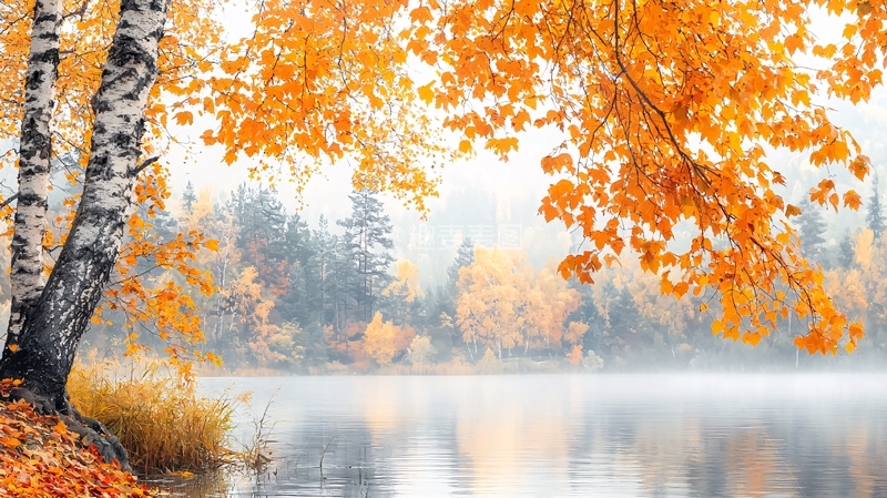 高清大图下载【趣麦麦图】秋日湖畔金黄树木