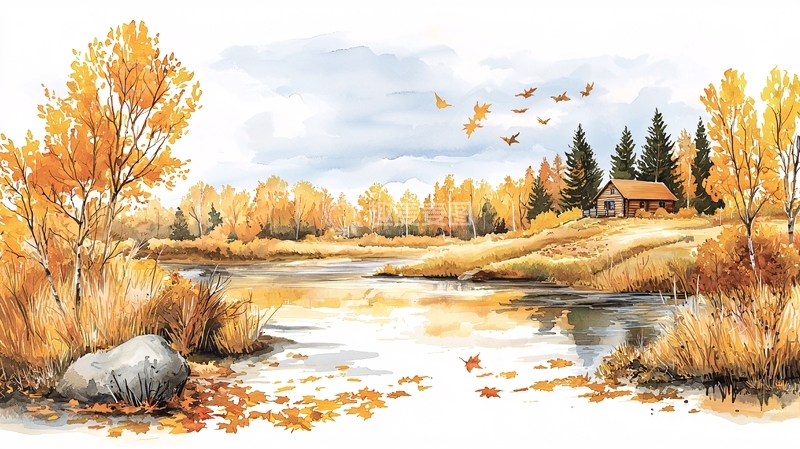 高清大图下载【趣麦麦图】秋日湖畔的宁静小屋