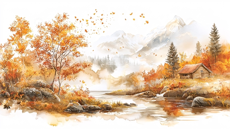 高清大图下载【趣麦麦图】秋日山水小屋风景画