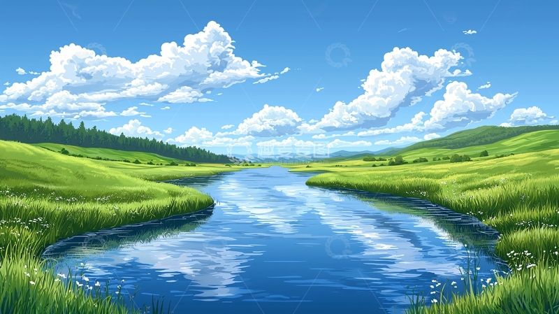 高清大图下载【趣麦麦图】清澈河流与绿地蓝天白云