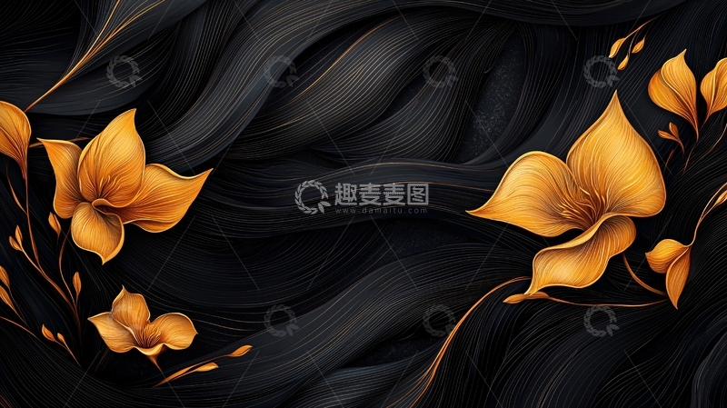 高清大图下载【趣麦麦图】金色花朵与黑色波纹背景