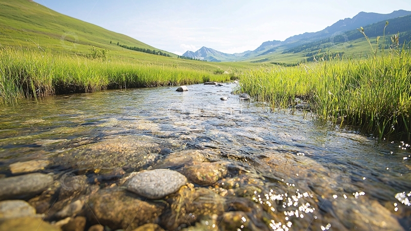 高清大图下载【趣麦麦图】清澈小溪流过翠绿草地