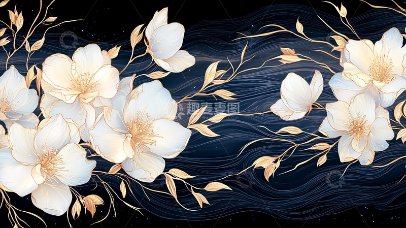 高清大图下载【趣麦麦图】金色花卉夜景插画素材