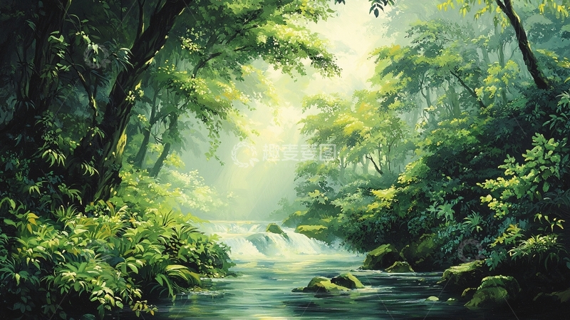 高清大图下载【趣麦麦图】森林中的瀑布与阳光