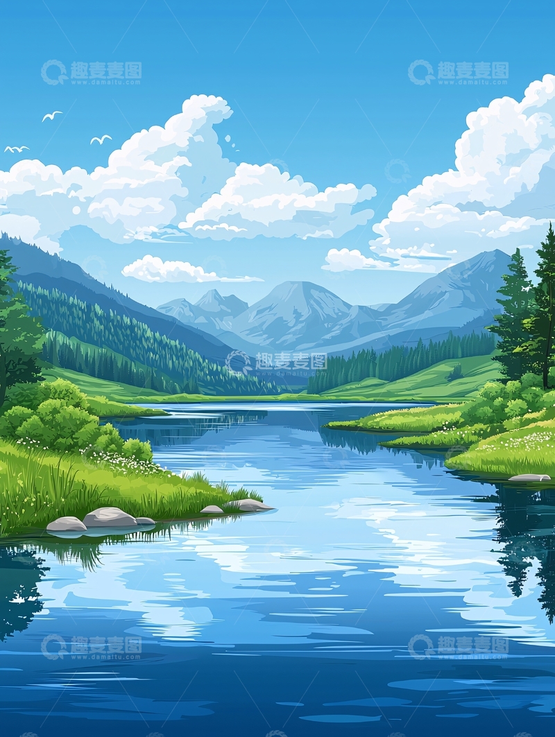 高清大图下载【趣麦麦图】蓝天白云下的宁静河流