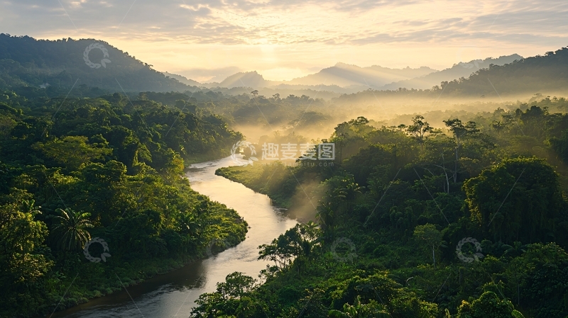 高清大图下载【趣麦麦图】晨雾中的热带雨林河流