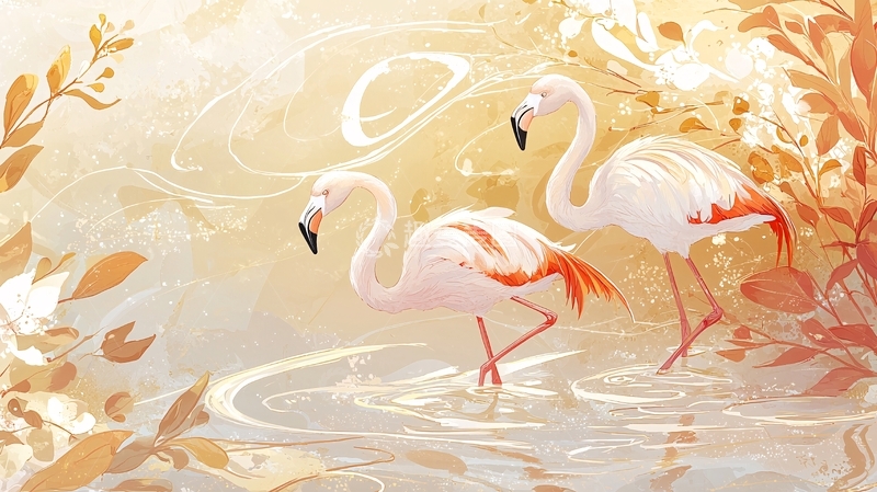 高清大图下载【趣麦麦图】粉红火烈鸟在水中漫步