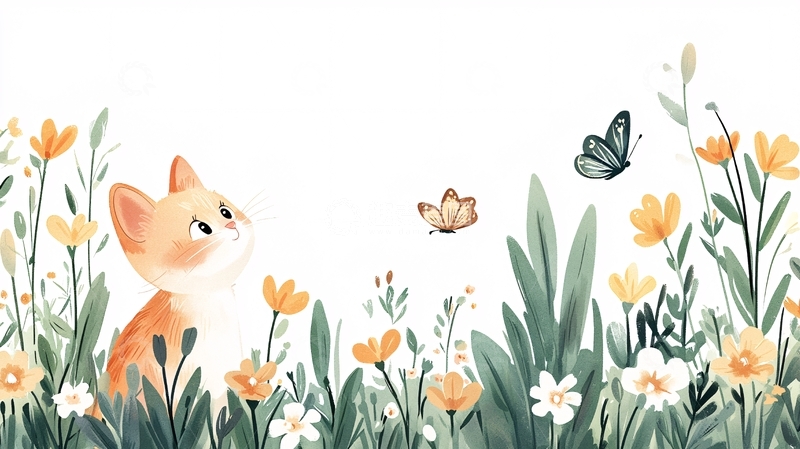 高清大图下载【趣麦麦图】猫咪在花丛中看蝴蝶