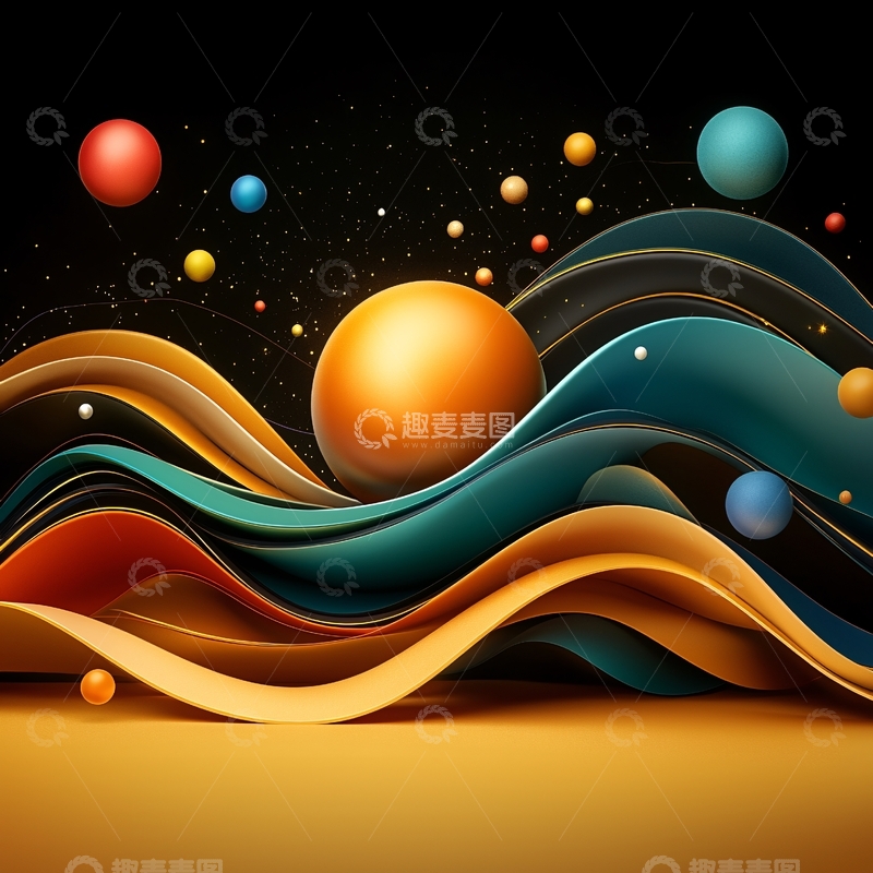 高清大图下载【趣麦麦图】彩色球体与抽象波浪