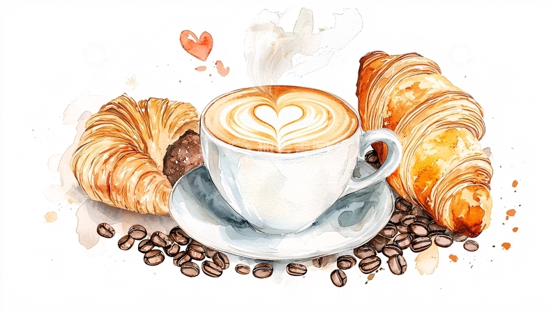 高清大图下载【趣麦麦图】咖啡与面包的静物水彩