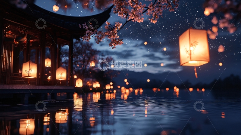 高清大图下载【趣麦麦图】夜景樱花灯笼倒影