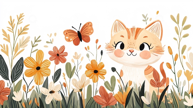 高清大图下载【趣麦麦图】卡通猫与花丛蝴蝶的插画