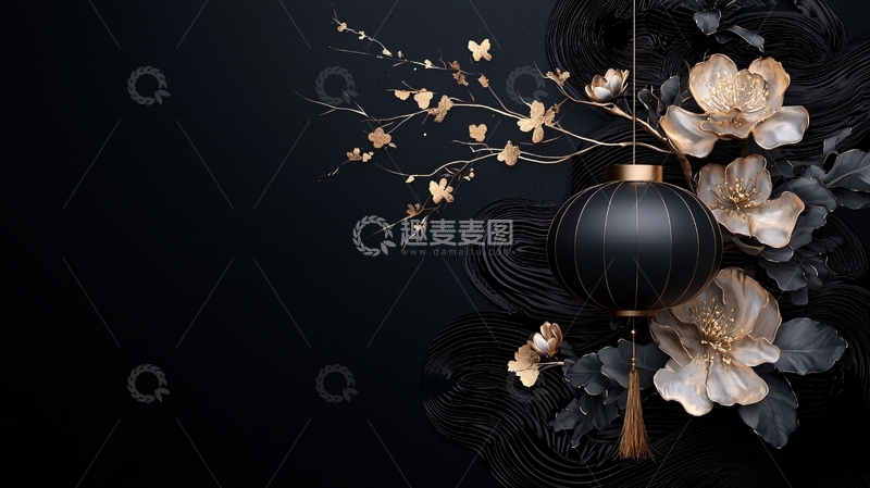 高清大图下载【趣麦麦图】黑金灯笼与花卉装饰背景
