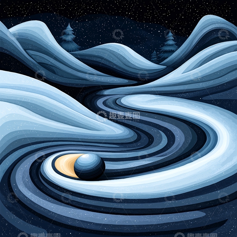 高清大图下载【趣麦麦图】冬夜雪景中蜿蜒河流