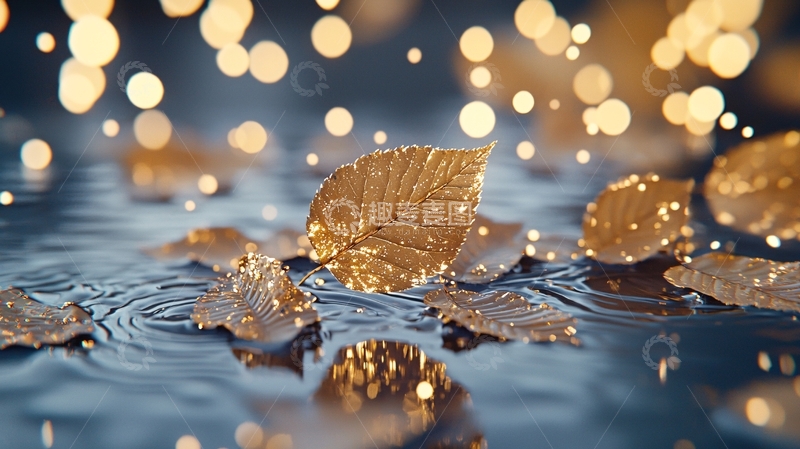 高清大图下载【趣麦麦图】金色落叶在水面上闪烁