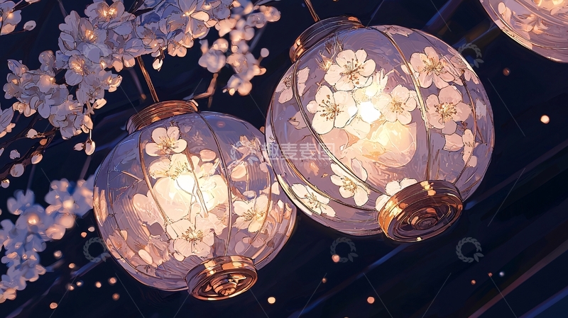 高清大图下载【趣麦麦图】樱花灯笼夜景背景图