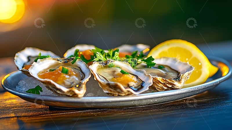 高清大图下载【趣麦麦图】新鲜生蚝配柠檬特写