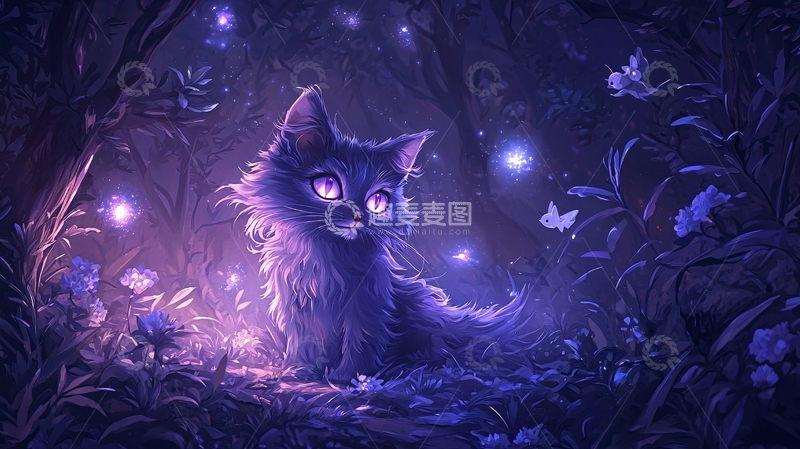 高清大图下载【趣麦麦图】黑暗森林中的发光猫咪