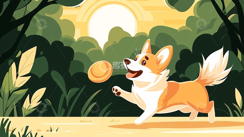 高清大图下载【趣麦麦图】奔跑的柯基犬在阳光下玩耍