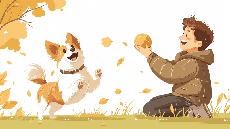 高清大图下载【趣麦麦图】男孩和柯基在秋天玩耍