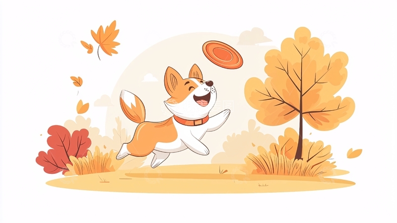 高清大图下载【趣麦麦图】柯基犬在秋天玩飞盘