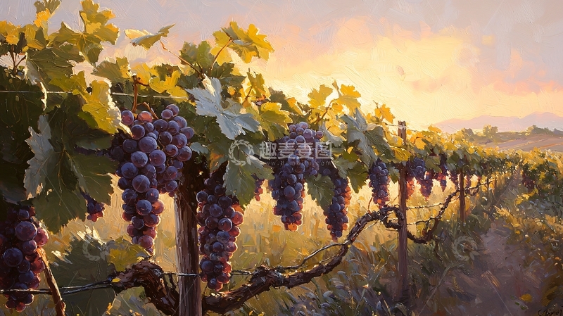 高清大图下载【趣麦麦图】葡萄园夕阳下的丰收景象