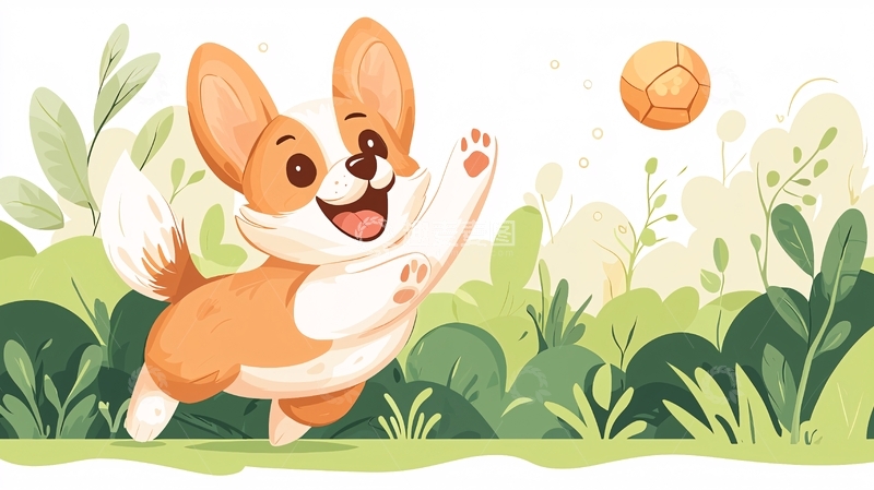 高清大图下载【趣麦麦图】柯基狗追逐球的卡通画