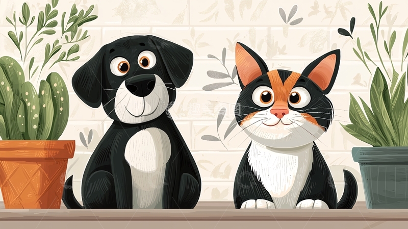 高清大图下载【趣麦麦图】卡通狗和猫的植物背景
