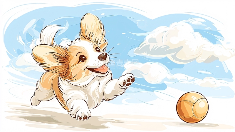 高清大图下载【趣麦麦图】柯基犬追逐皮球