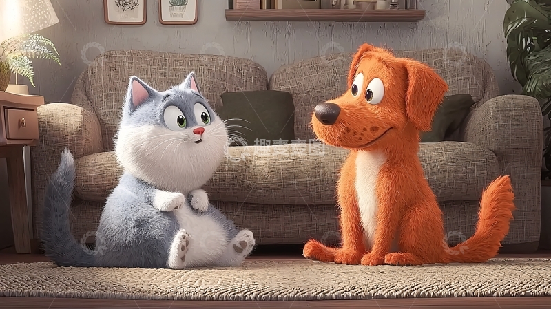 高清大图下载【趣麦麦图】卡通猫狗友好互动