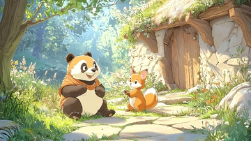 熊猫和狐狸在小屋前