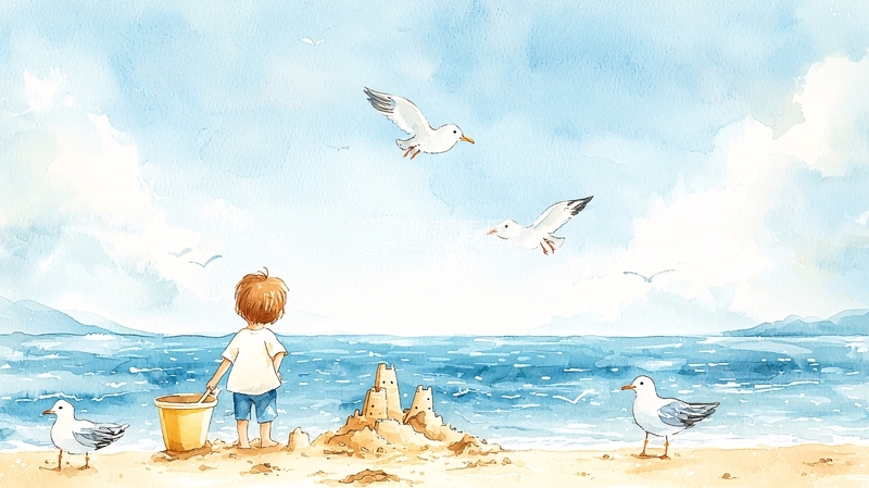 高清大图下载【趣麦麦图】海边男孩与海鸥的梦幻场景