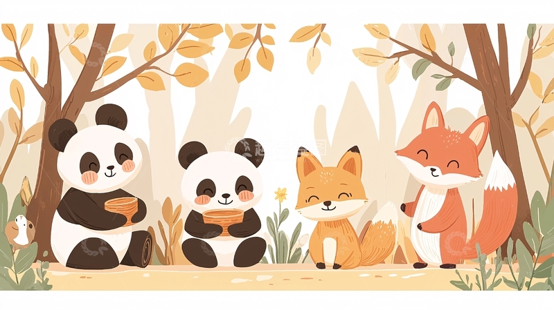 高清大图下载【趣麦麦图】两只熊猫和两只狐狸的森林