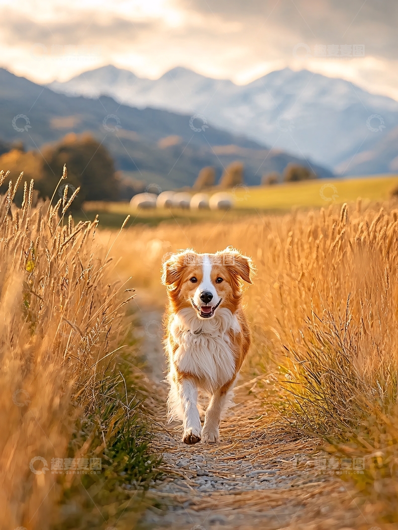 高清大图下载【趣麦麦图】奔跑在田野上的狗
