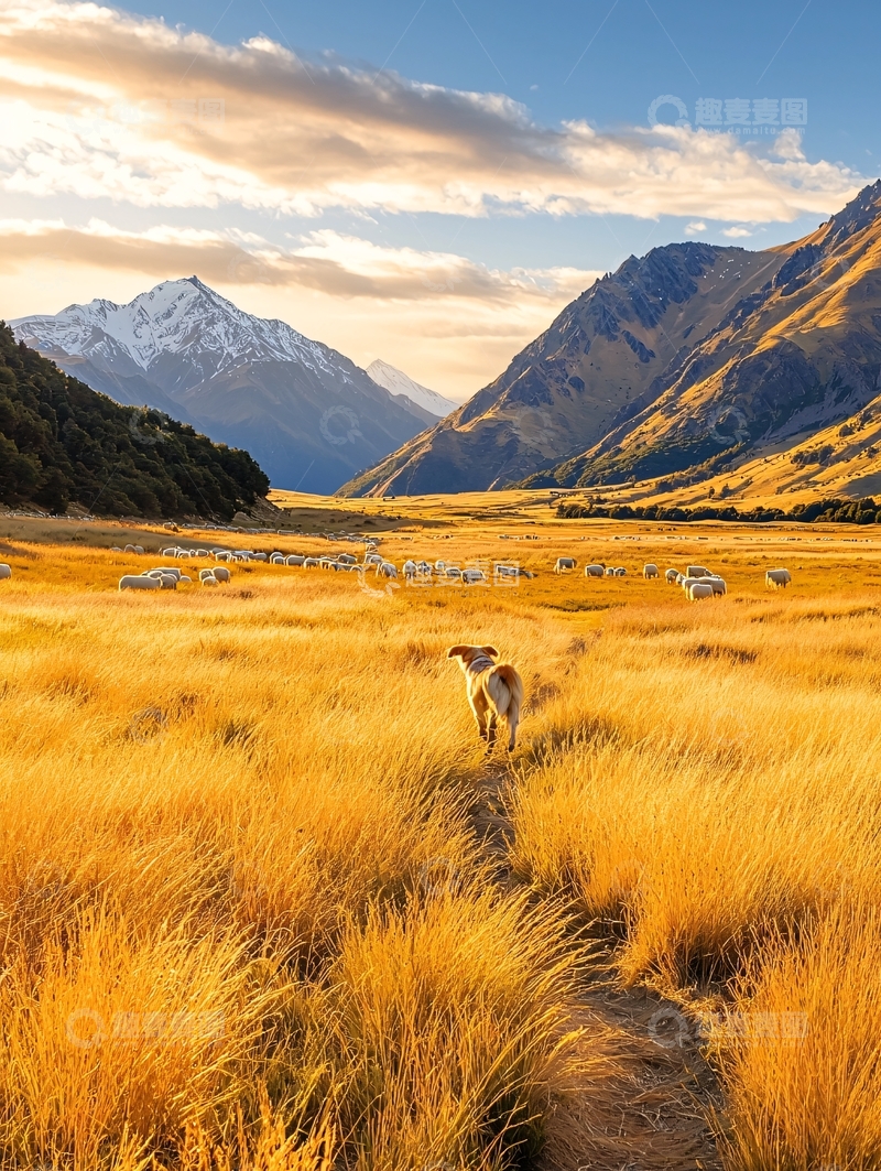 高清大图下载【趣麦麦图】金黄草原与远山牧歌