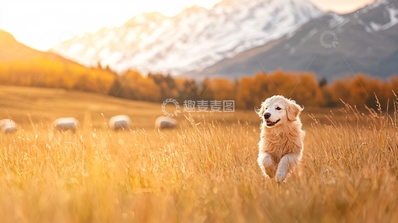 高清大图下载【趣麦麦图】金毛犬在金黄草地