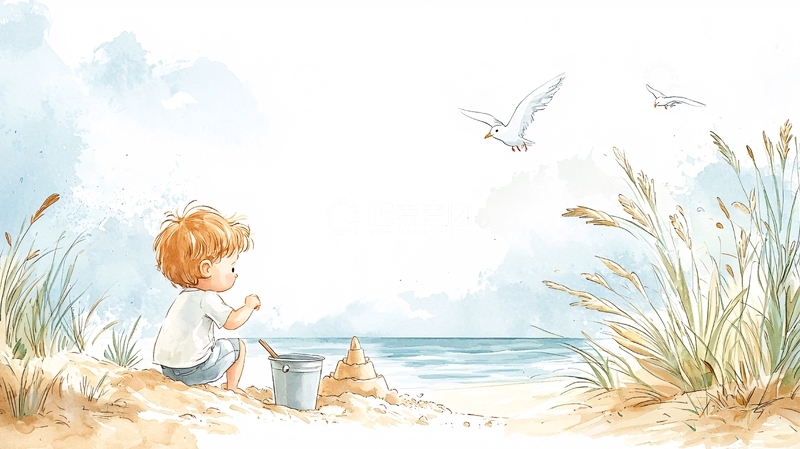 高清大图下载【趣麦麦图】海边男孩看海鸥飞翔